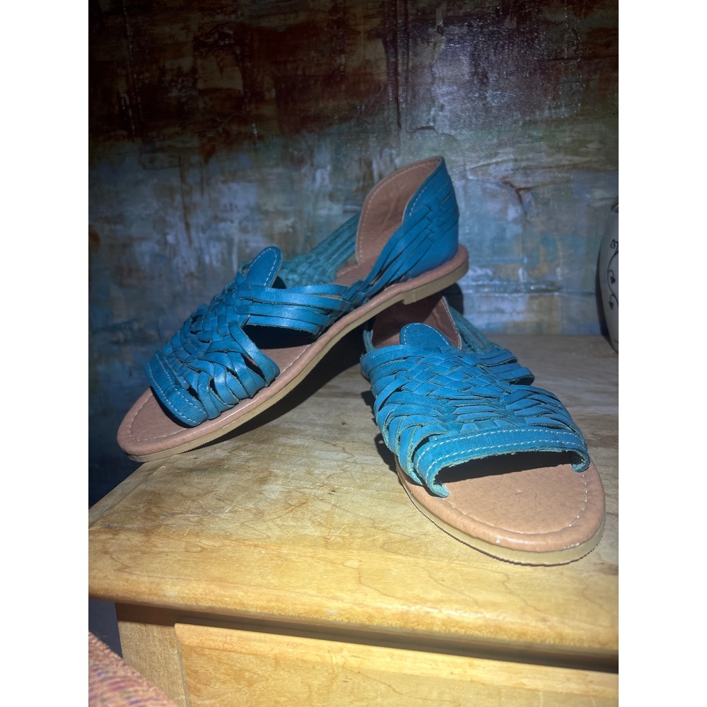Tierra MIA Huarache Artesanal Turquoise Blue Woven Leather Sandals Womens 8 Flat